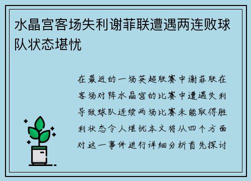 水晶宫客场失利谢菲联遭遇两连败球队状态堪忧