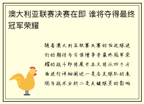 澳大利亚联赛决赛在即 谁将夺得最终冠军荣耀