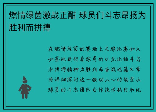 燃情绿茵激战正酣 球员们斗志昂扬为胜利而拼搏