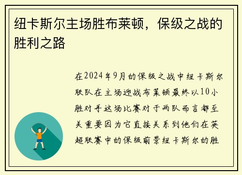 纽卡斯尔主场胜布莱顿，保级之战的胜利之路