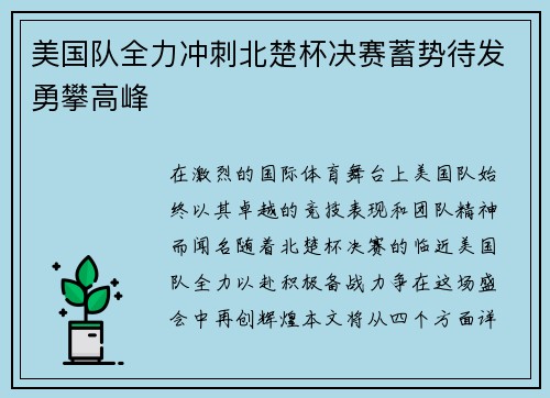 美国队全力冲刺北楚杯决赛蓄势待发勇攀高峰