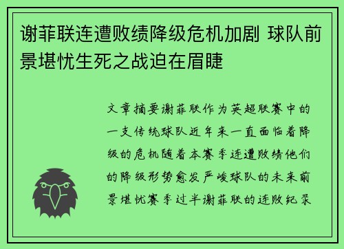 谢菲联连遭败绩降级危机加剧 球队前景堪忧生死之战迫在眉睫