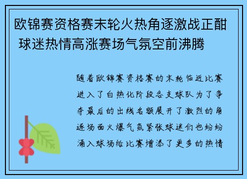 欧锦赛资格赛末轮火热角逐激战正酣 球迷热情高涨赛场气氛空前沸腾